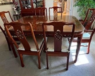 MLC054- Vintage Oriental Glass Top Rosewood Dining Table & Six Chairs