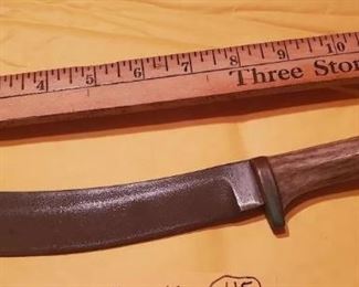 Unusual antique knife with stag handle and curved iron blade, copper bolster.  Very old piece. 