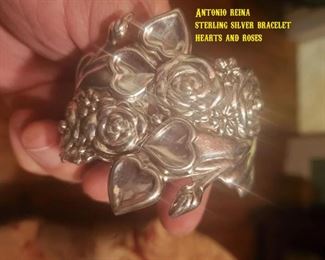 Antonio Reina sterling silver bracelet hearts and flowers. gorgeous heavy piece. 