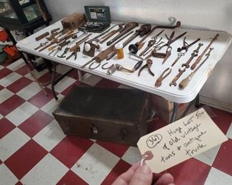 huge lot of old farm, industrial, blacksmith tools with old trunk
