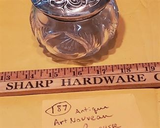 Art Nouveau sterling silver repousse and cut crystal dresser jar with mermaid