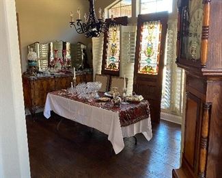 19th century Welsh Grandfather Clock, Leaded stain glass doors, marble top French buffet w mirror, oil lamps, assorted crystal and glassware, etc