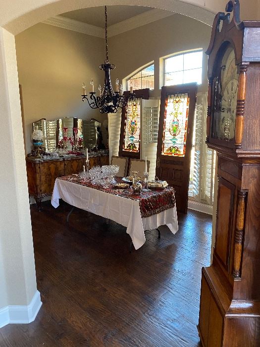 19th century Welsh Grandfather Clock, Leaded stain glass doors, marble top French buffet w mirror, oil lamps, assorted crystal and glassware, etc