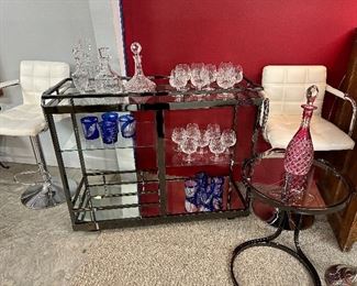 Vintage Mirrored Tea Cart, Cut Crystal Glasses and Decanters