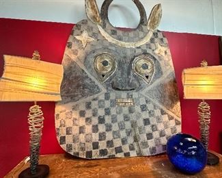 Large Clay Owl Art! Very Unique! Matching Table Lamps, Blue Glass