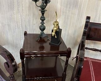 Bombay Company Side Table with slide-out surface and drawer, Vintage Table Lamp, Art Deco Brass Panther Figure