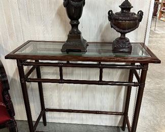 Small Bamboo Style Accent Table with Glass Top, Bronze Decor