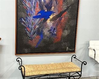 Large Original Abstract, illegible signature, Iron Bench with woven seat