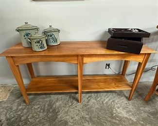 Gorgeous Solid Wood Console Table with Shelf, Set of 3 Covered Crocks, Very Nice Flatware Set with Storage Box
