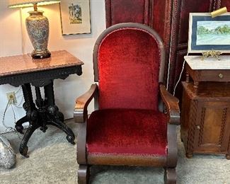 Stunning Red Antique Platform Rocker, Antique Eastlake Table with Marble Top, Decorative Table Lamp, Room Divider