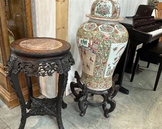 Ornate Oriental Stand with marble top, Large Asian Urn with lid and Stand