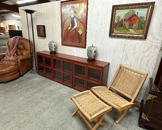 Six-door Danish style credenza, Vintage Leather Arm Chair with Half-moon ottoman, Vintage woven chair and ottoman set