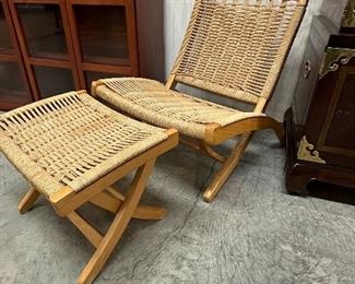 Unique Hans Wegner Folding Paper Cord Chair and Ottoman