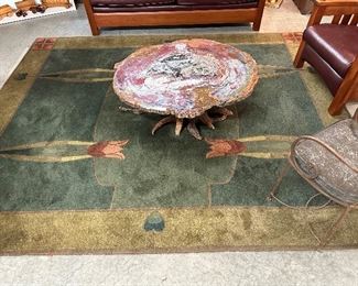 Stickley 8x10 wool rug with Tulip Motif, Petrified Wooden Table with Tree Trunk Pedestal!