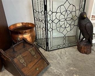 Decorative Glass Fire Surround, Antique Coal Box, Copper Cauldron, Carved Wooden Crow