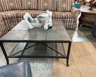 Tile-top metal coffee table, interesting art decor