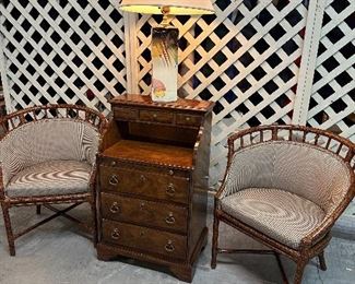 Small Secretary Cabinet, Pair of Padded Rattan Chairs