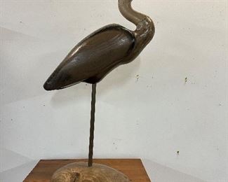 Large Wooden Blue Heron Statue with Wooden Base