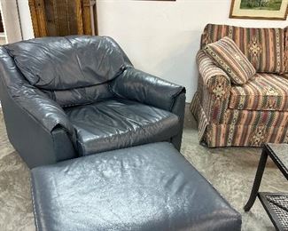 Blue/Gray Leather Armchair and Ottoman