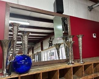 Wall Mirror, Blue Art Glass, Several Silverplated Bud Vases