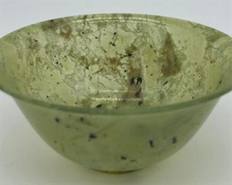 Antique hand-carved translucent spinach jade bowl on pedestals