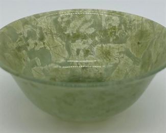 Antique hand-carved translucent spinach jade bowl on pedestals