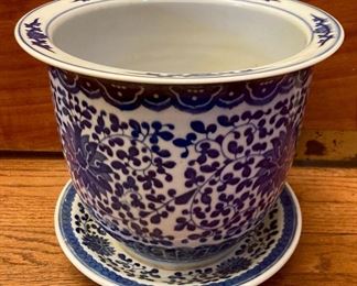 Vintage medium blue and white planter and dish