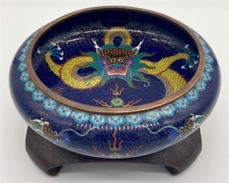 Vintage cloisonné round dragon motif serving bowl