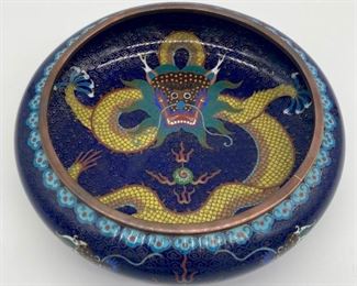 Vintage cloisonné round dragon motif serving bowl