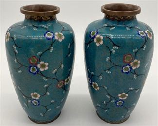 Pair of vintage cloisonné medium floral vases