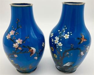 Pair of vintage cloisonné medium floral and bird vases