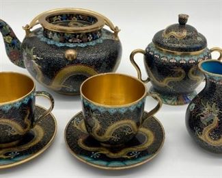 Vintage cloisonné tea set with dragon motif