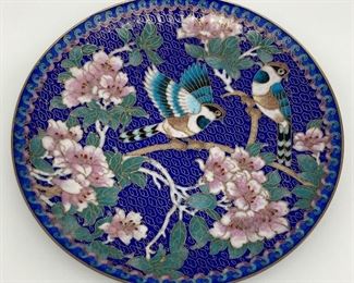 Vintage cloisonné plates, 1991, by Cloisonne Art Workshop, Ching-t'ai-lan Artists, based on original design by master artist Jiang Xuebing