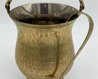 Vintage hammered brass ice bucket with tongs