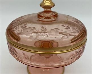Vintage etched pink glass footed bowl with lid, gold trim