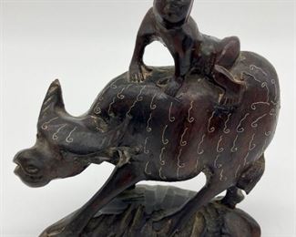 Vintage Lao Tse and water buffalo wooden figurine