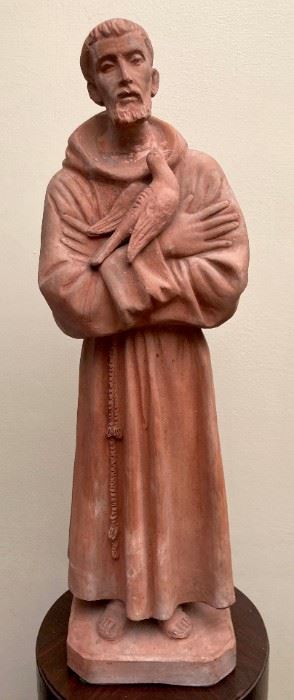Vintage clay 2' Saint Francis of Assisi with dove