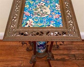 Antique tile top brass accent table