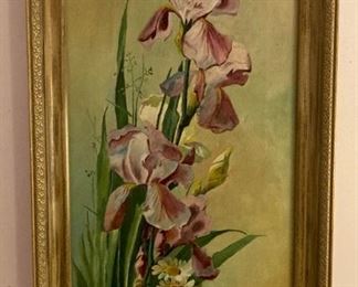 Signed EM Newlin Iris oil painting