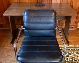 MCM wood laminate desk and vintage chrome frame leather chair