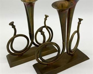 Brass french horn bookends