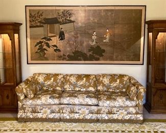Vintage Tomlinson Asian motif couch, vintage Asian panel artwork, vintage 3 glass shelf lighted display cases