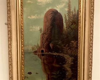 Framed Rooster Rock on Columbia River oil painting
