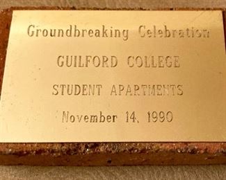 Brick from Groundbreaking Celebration for Guilford College Student Apartments 11/14/1990