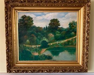 Framed landscape oil painting signed EM Newlin