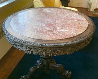 Antique dragon footed marble top pedestal table