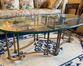 Vintage brass bamboo frame glass top oval coffee table