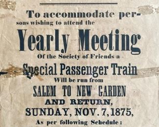 Antique framed 1875 train schedule Salem to New Garden