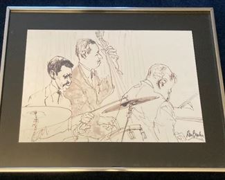Framed, signed ink drawing of Jazz trio