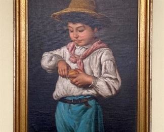 Antique painting, boy with orange